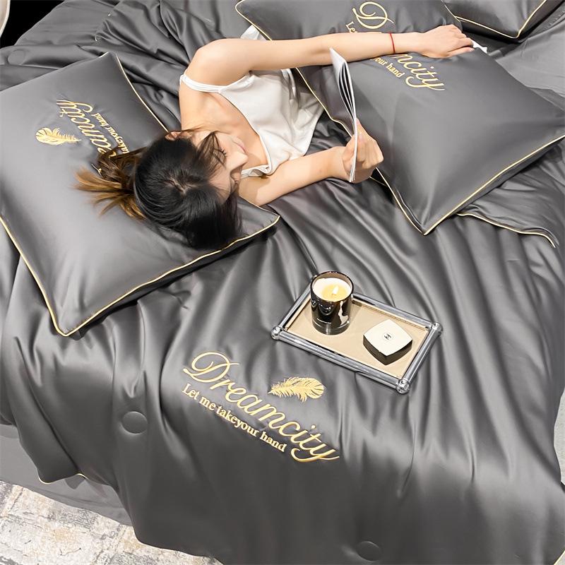 Gewaschenes Seiden-Tencel Sommer-Steppbett-Set - Besticktes Eis-Seiden-Vierteiler