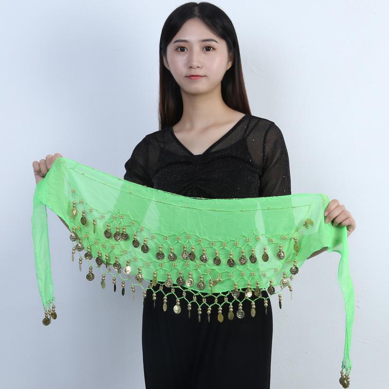 Available: Belly Dance Hip Scarf with 72/83/98/128 Coin Waist Chain - Gold, Three-Layer Design, Indian Style Waist Scarf.