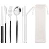 8Pcs/Set Portable Stainless Steel Dinnerware Set Travel Camping Spoon Fork Knife Chopsticks Straws Brush Tableware Flatware Set with Storage Bag