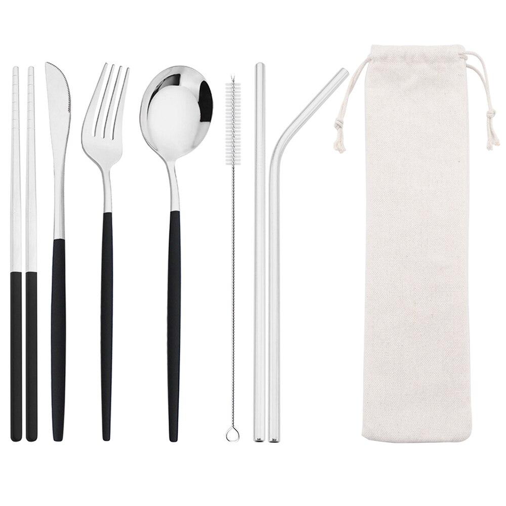 8Pcs/Set Portable Stainless Steel Dinnerware Set Travel Camping Spoon Fork Knife Chopsticks Straws Brush Tableware Flatware Set with Storage Bag