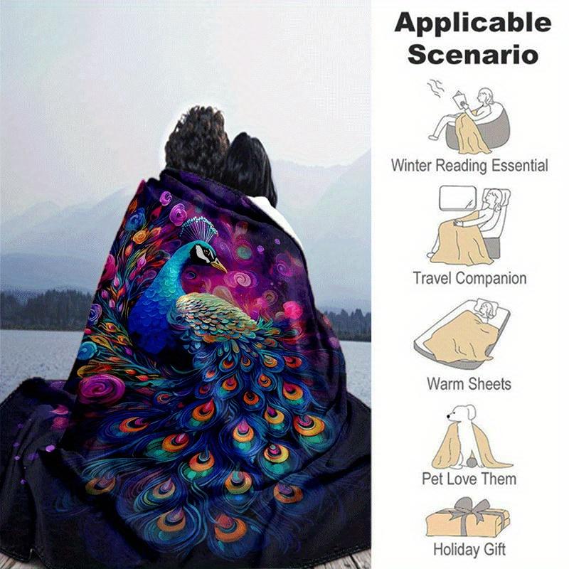 1pc Colorful Peacock Printing Lightweight Flannel Blanket, Comfortable and Warm Blanket, for Camping Sofa Bed and Couch Office, Gift