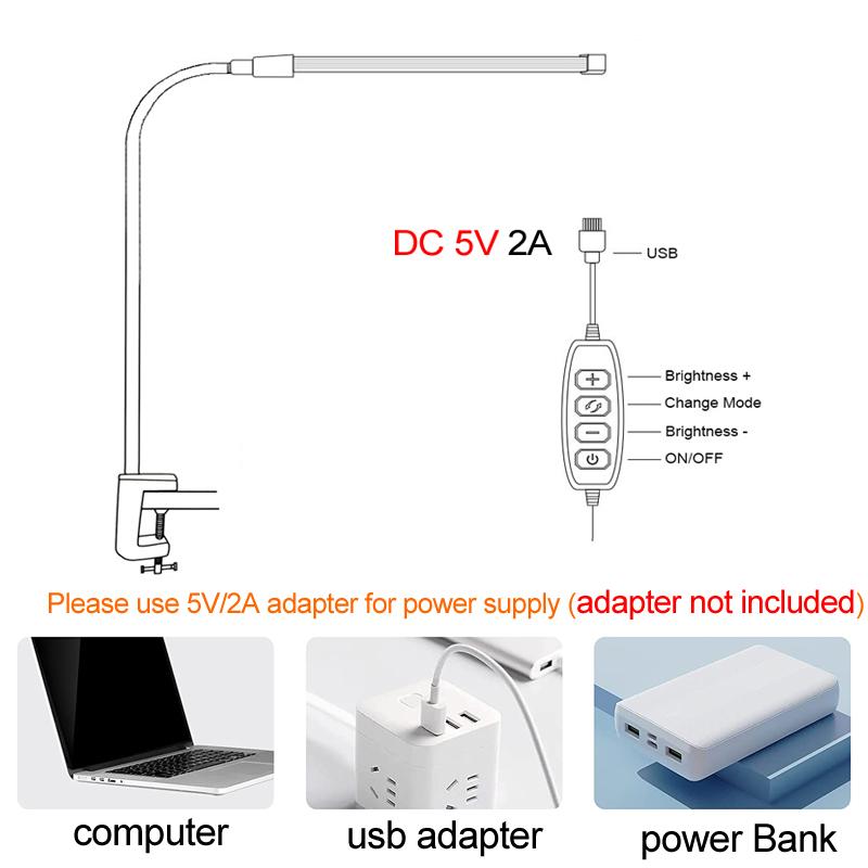 Adjustable LED Clip Desk Lamp 1200LM USB Plug with 3 Modes 10 Levels of Brightness Book Light for Reading Study Memory Function