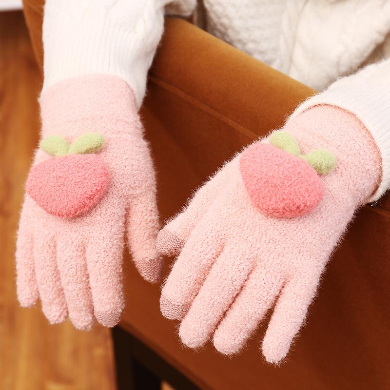 Autumn and Winter New Gloves Female Cycling Warm Winter Velvet Thickened Five Fingers Cute Peach Ins Wind