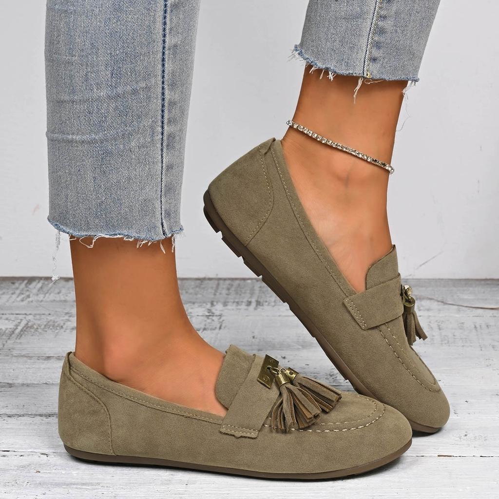 Große Größe weiche Sohle flacher Absatz runde Spitze Mode Einzelne Schuhe Frühling und Herbst neu Quaste flacher Ausschnitt genähte Tasche Damenschuhe