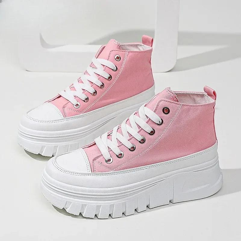 Sapatos femininos casuais de cano alto, cor sólida, versáteis, de lona, cano alto, com cadarço, confortáveis e respiráveis