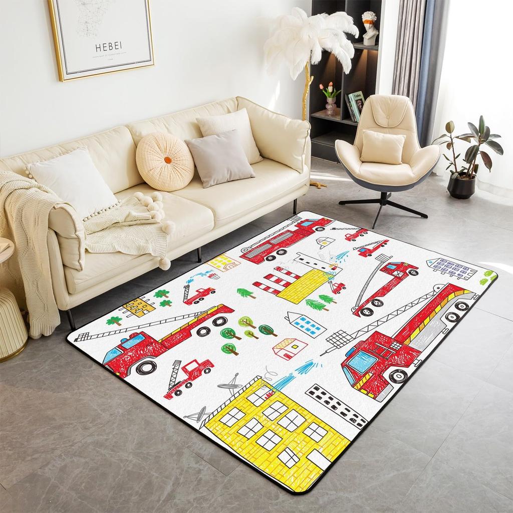 Firefighting Truck Area Rug, Fire Truck Carpet for Teen Boys, Cartoon Emergency Rescue Vehicle Floor Mat for Living Room Bedside