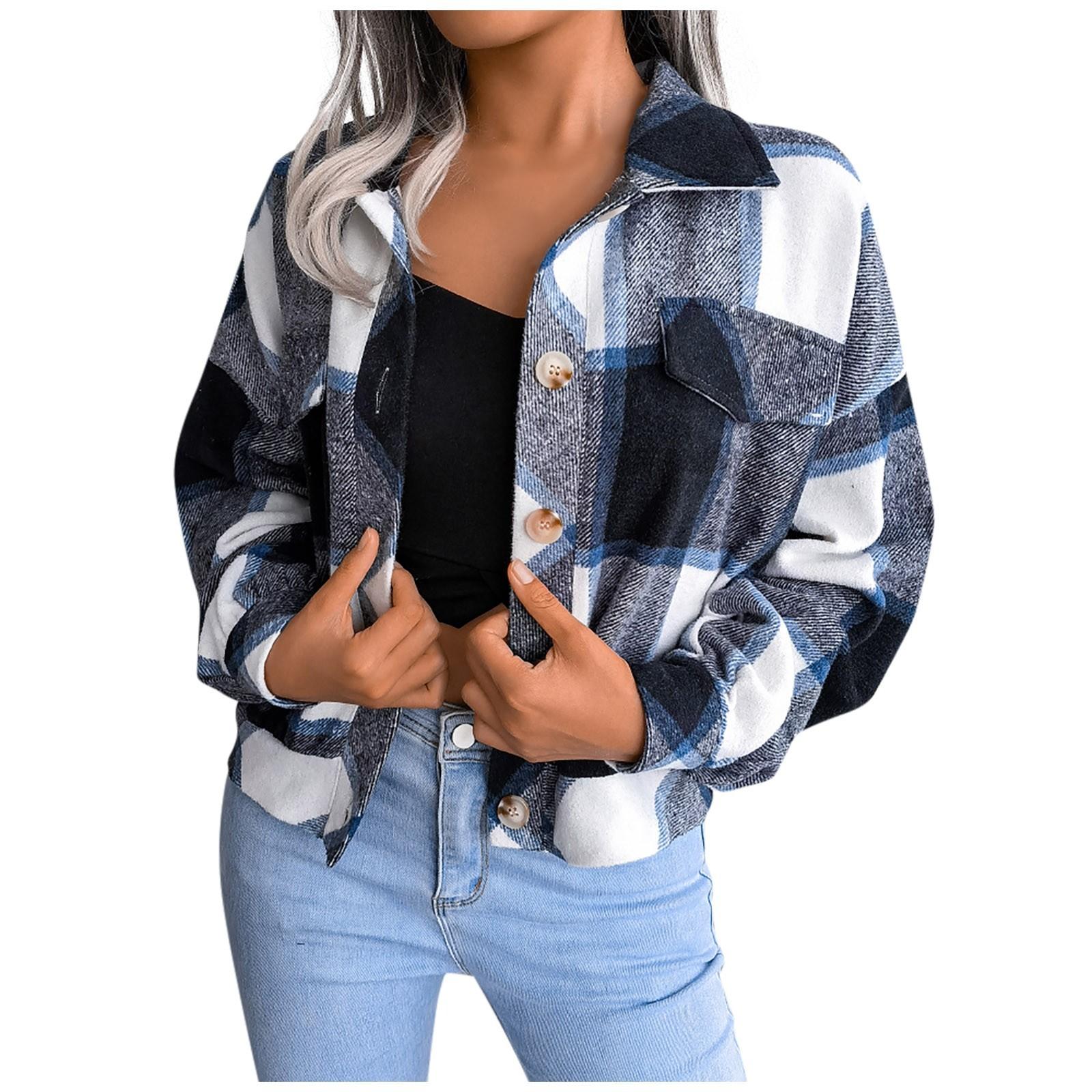 

Женская осенне-зимняя шерстяная повседневная клетчатая куртка с длинными рукавами XL тёмно-синий