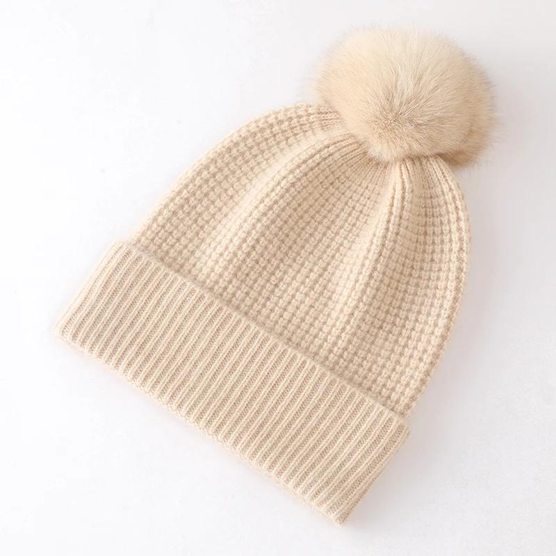 Women's 100% Cashmere Pineapple Style Knitted Bean Hat for Winter Warmth Soft Elastic for Outdoor Headwear Hairball Accessories