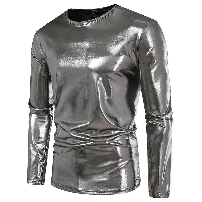 Cozy Up Men's Party Stage Glossy Long-sleeved Round Neck T-shirt