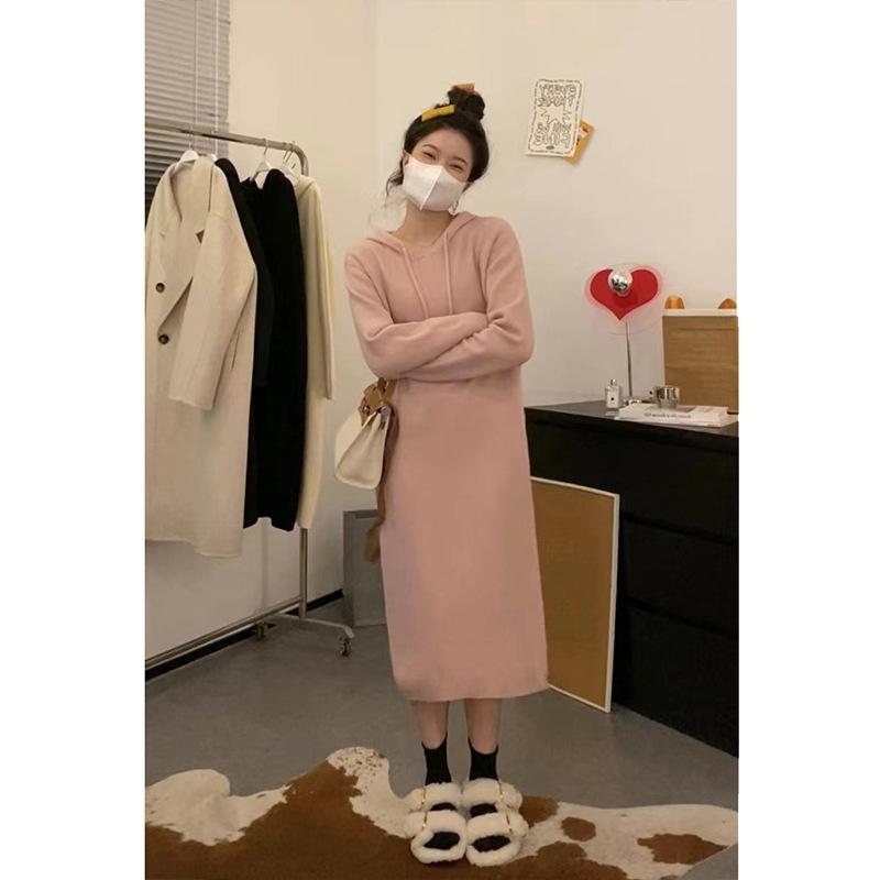 Autumn and Winter New Casual Hooded Dress Femininity Thin Long Knitted Sweater Dress Trendy