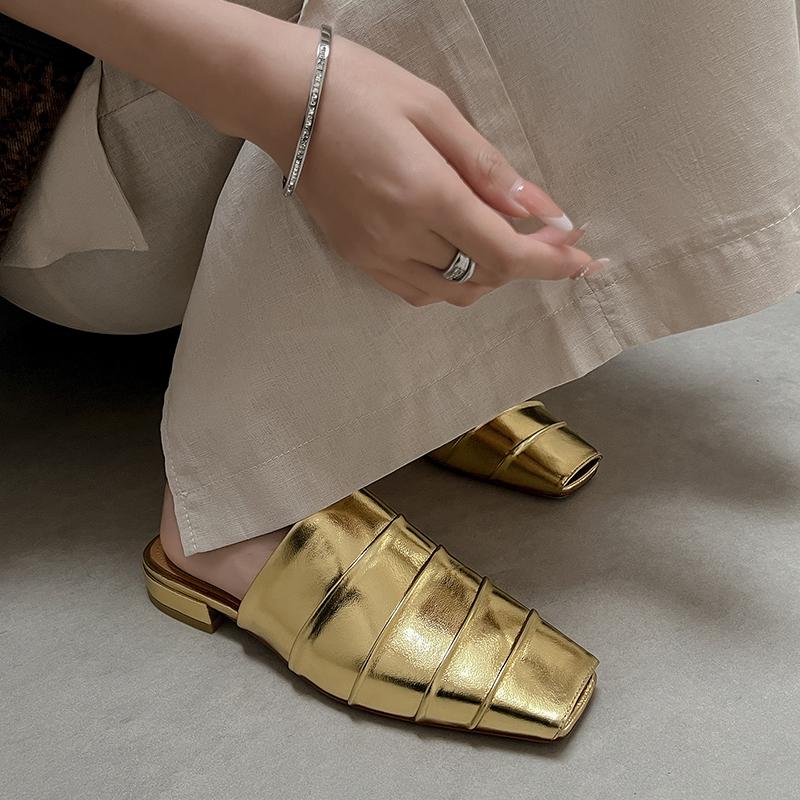 Fashion Women's Genuine Leather Square Toe Slip-on Flats Summer Slippers Soft Comfortable Casual Female Outdoor Mules 2025 New Sandals