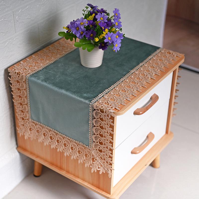 Peacock Green Velvet Table Runner with Gold Lace - Modern Nordic Design for Dining or Coffee Tables