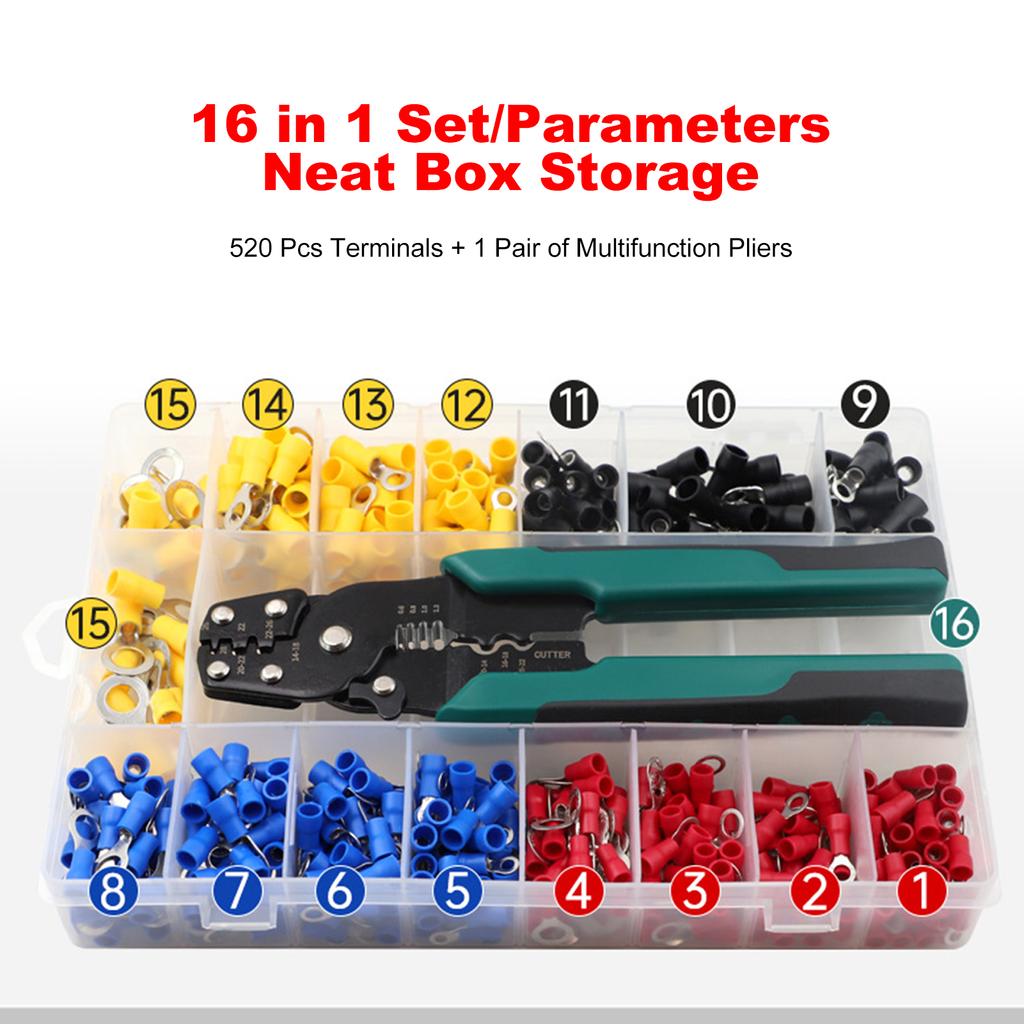 Crimping Tool Kit Wire Crimper with Crimping Pliers 520Pcs Wiring Terminal Wire Cutter and Crimping