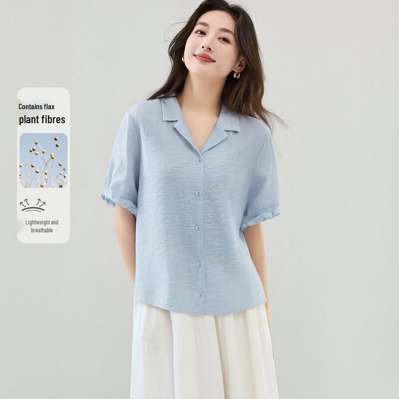 Women s Elegant Cuban Collar Wrinkled Blouse M