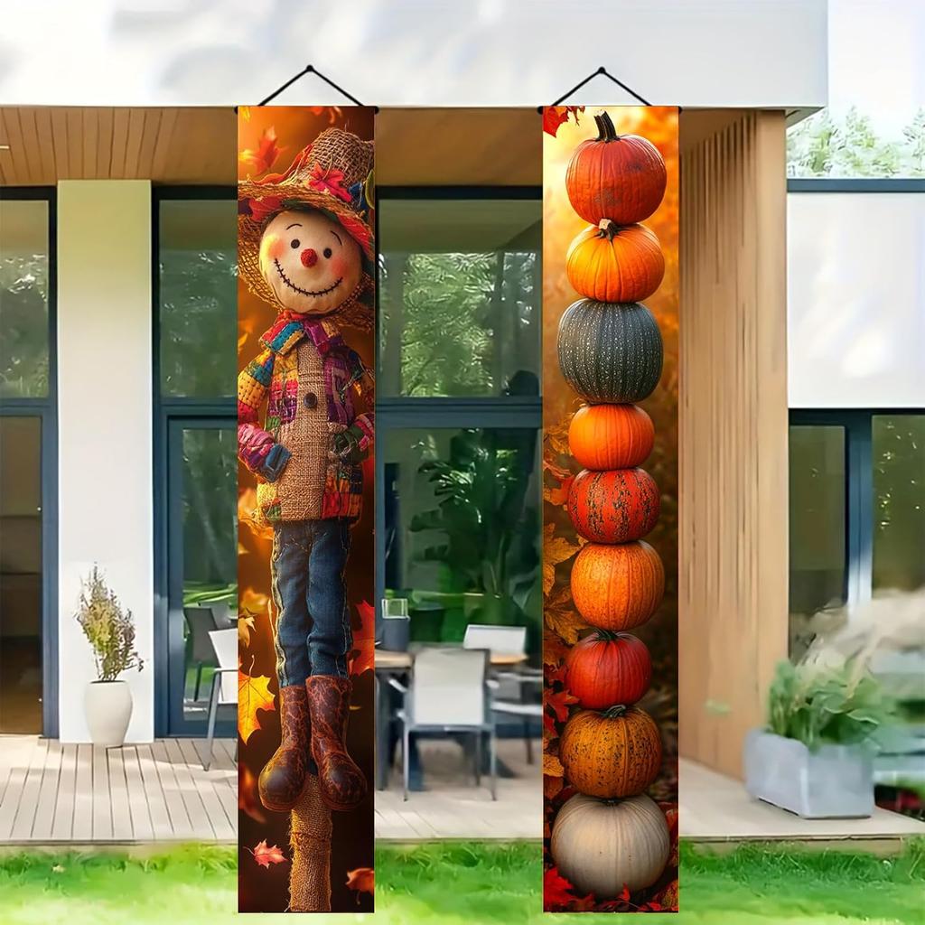 Thankgiving Vertical Door Banners 12x71 Inch Scarecrow Pumpkin Stack Front Door Decor Fall Harvest Hanging Porch Sign Outdoor Seasonal Backdrop Photo