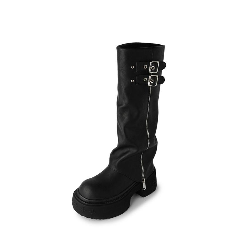 Cool Sa Handsome Round Head Belt Buckle Full Of Personality Pants Boots Autumn Round Head Thick-Soled High Boots Women