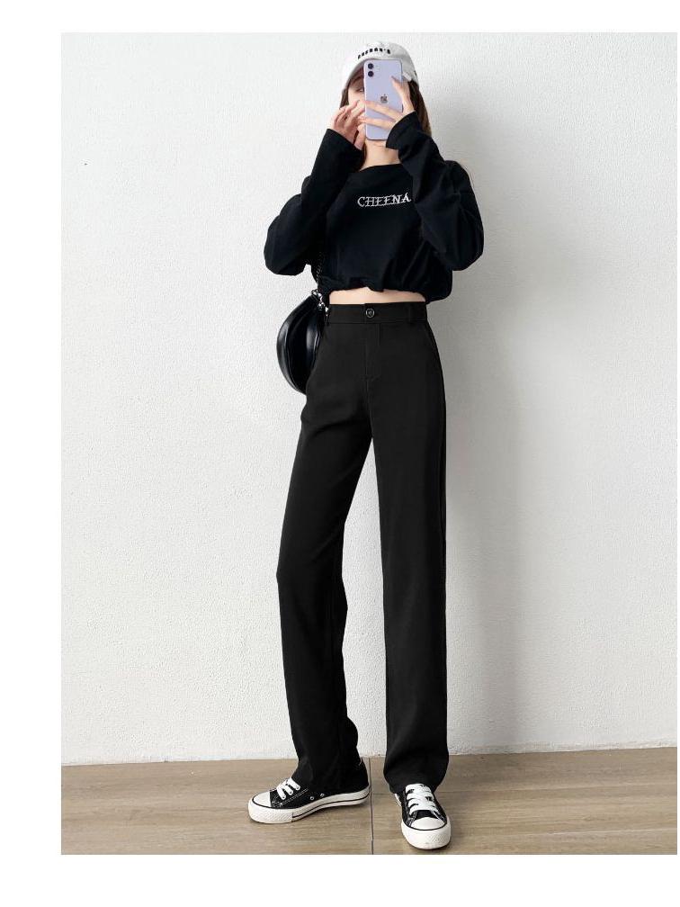 Women's Summer Wide-Leg Drape Pants - Black Straight Trousers