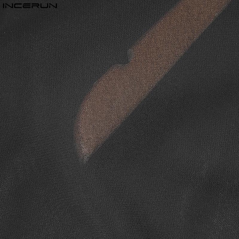 INCERUN მამაკაცის გრძელმკლავიანი ბრჭყვიალა პაჩვორკის გამჭვირვალე მაისურები, ბადის გამჭვირვალე ტოპები