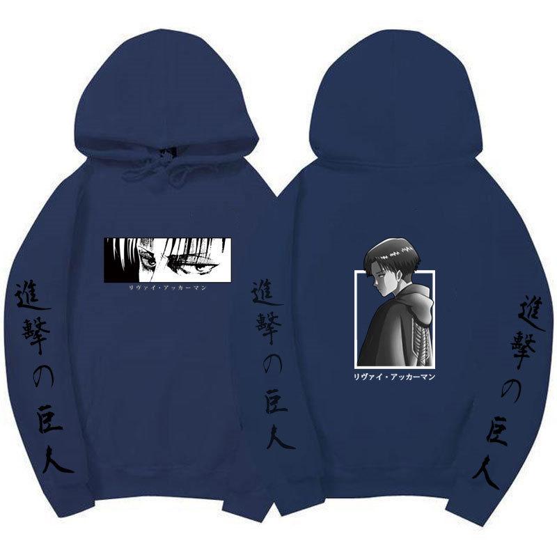 Attack On Titan Levi Ackerman Hoodie Unisex Fleece Sweatshirt Front Manga Eyes Print, Back Levi Portrait, Japanese Sleeve Text Autumn Winter Pullover