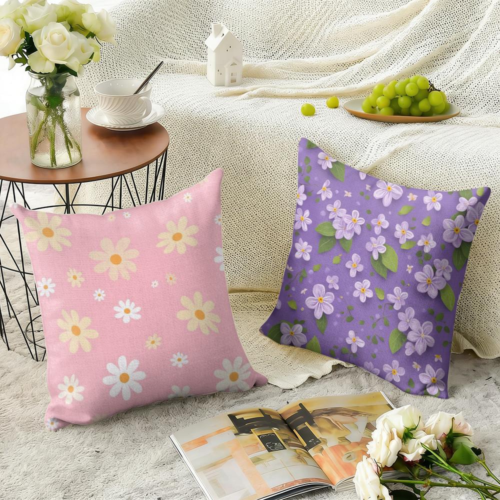 Romantic Daisy Print Spring Cushion Cover Natural Linen Organic Fabric Double-Sided Printing Sofa Home Decor Gift Pillow Case