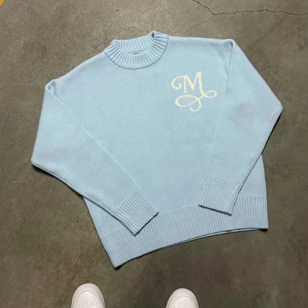 Unisex Crew Neck Long Sleeve Knit Sweaters Pullovers Loose Fit Casual Letter Sweaters