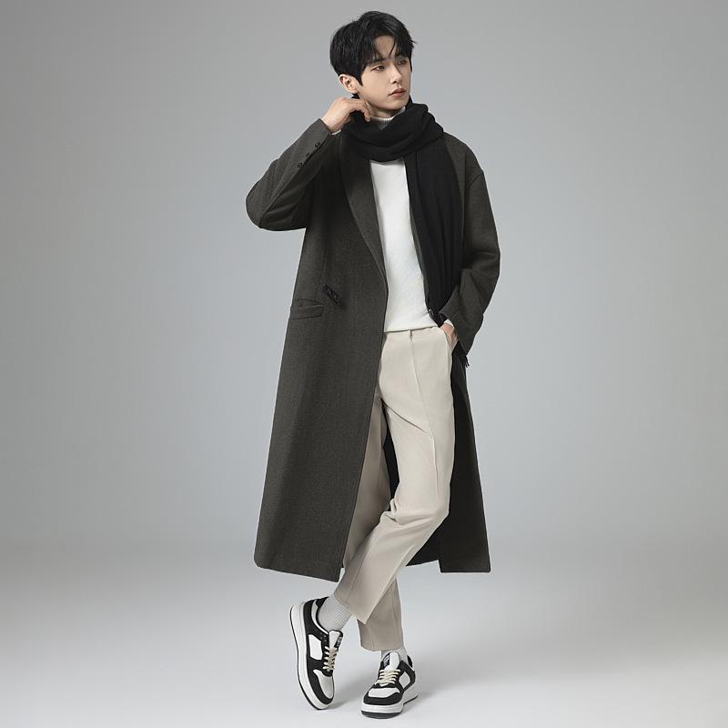 Men's High-Grade Wool Cashmere Over-the-Knee Windbreaker Coat, Plus Size