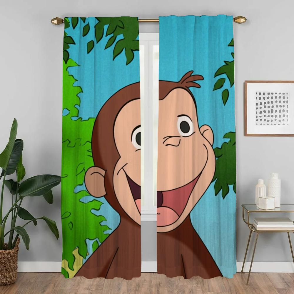 Curious George Curtains for Living Room Curtain Halloween Decoration Partition Home Interior Curtains 2 Pieces Shades Kitchen