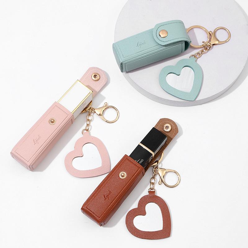 Solid Color Portable Lipstick Bags Wallet Keychain Mini Storage Bag For Women Lipsticks Protective Cover With Mini Makeup Mirror