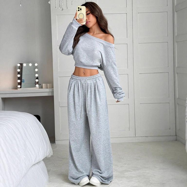 

Women s Off Shoulder Knit Cropped Long Sleeve Top Wide Leg Pant Loungewear Tracksuit Two Piece Outfit Set S светло-серый