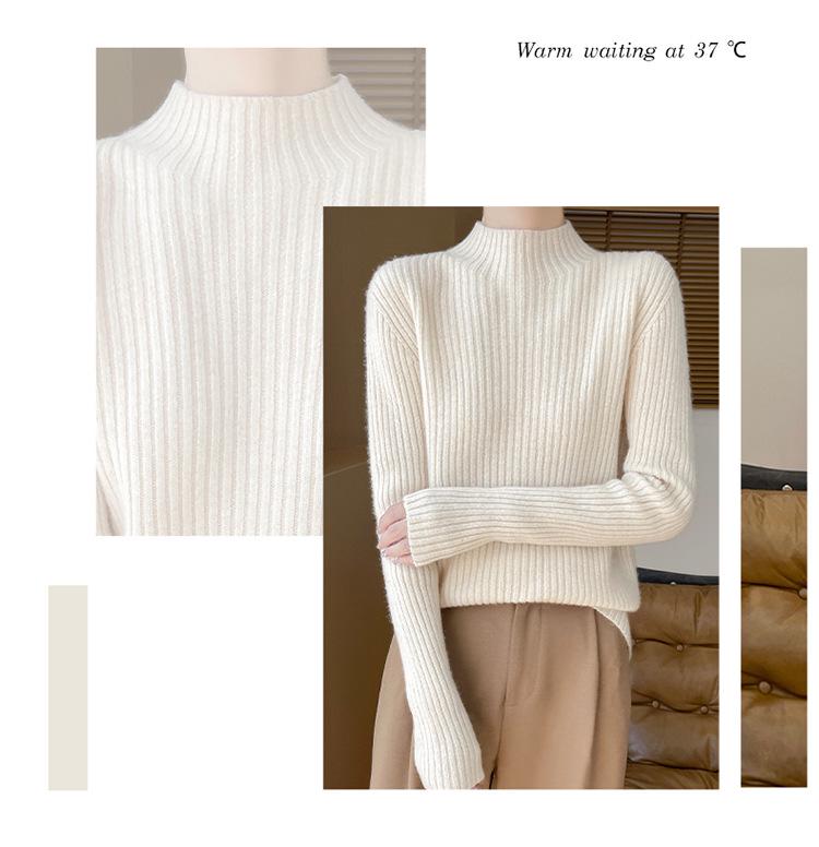Women's Cashmere Striped Slimming Knit Sweater - Half-High Neck Autumn/Winter Base Layer