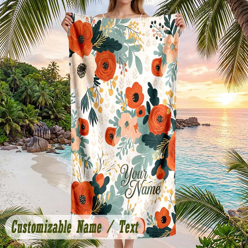 Floral Elegance 11 Theme Quick Dry Beach Towel Custom Name Text Print Large Sand Resistant Towel Beach Vacation