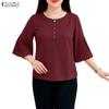 ZANZEA Women Casual Round Neck Solid Color 3/4 Sleeve Loose Blouse