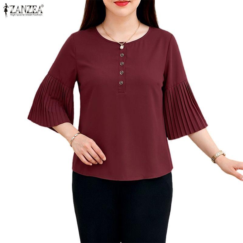 ZANZEA Women Casual Round Neck Solid Color 3/4 Sleeve Loose Blouse