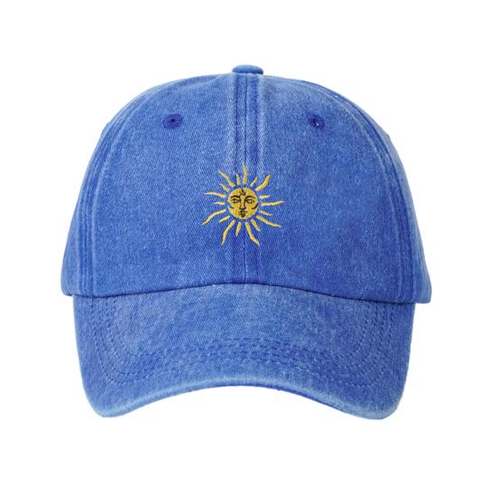 Embroidery Sun Pattern Baseball Hat, Adjustable Back Buckle Retro Distressed Style Baseball Cap, Washed Cotton Fabric Outdoor Sunshade Cap