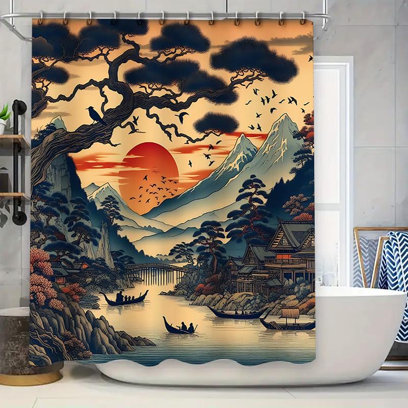 

Japanese Sunset Landscape Shower Curtain With Pine Trees Boats And Mountains Waterproof Fabric For Bathroom Decor Easy-Clean W60H190(CM)-1 Pcs