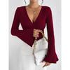 Nuova T-shirt da Donna con Scollo a V e Maniche a Svasatura Colore Borgogna Autunno Inverno Slim Fit Maglietta Base Top