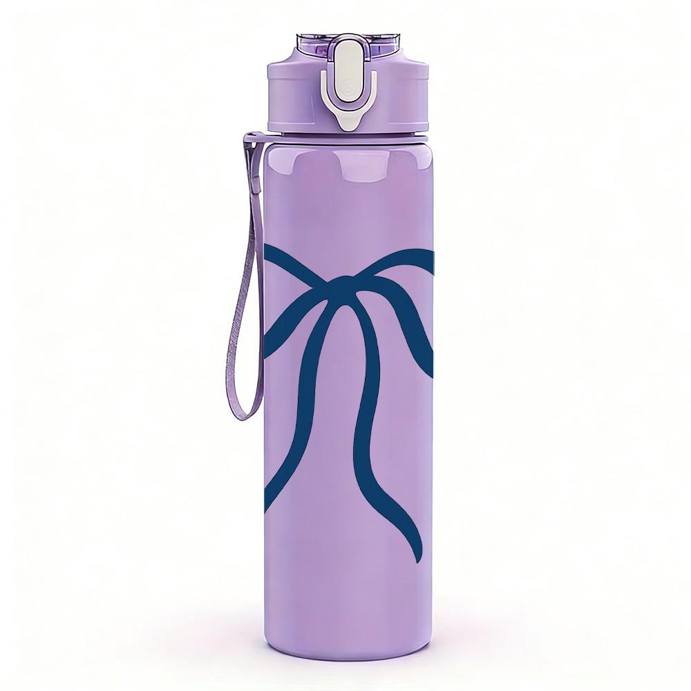 1PC Elegant Blue Bow 750ml Color Plastic Sports Water Bottle Leakproof Flip Straw Lid Suitable for Sports Office Home Use