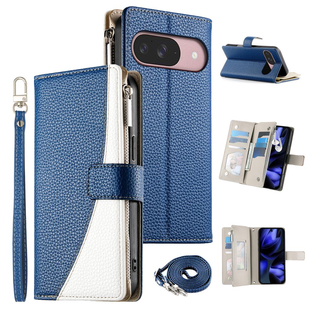 Leather Case For Google Pixel 10 Pro/10/9 Pro/9 Zipper Wallet Color Splicing Flip Phone Cover with Straps