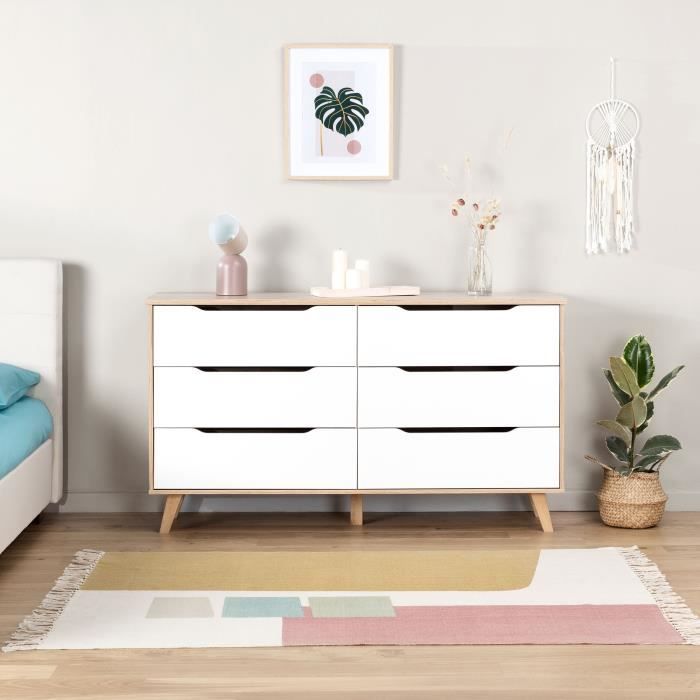 6-drawer Chest of Drawers - Particle Board - Oak and White Decor - Contemporary - L 154 X D 42 X H 86 Cm