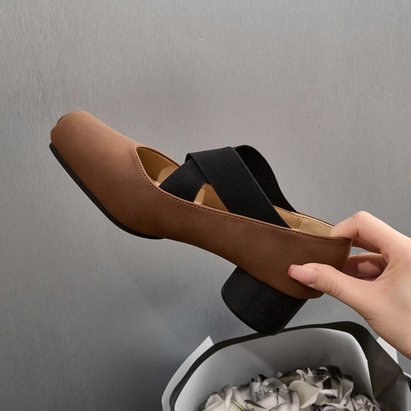 Heels Women Shoes Leather Mary Jane Single Shoes Retro Cross Strap Square Head Comfortable Thick Heel High Heel Ballet Shoes