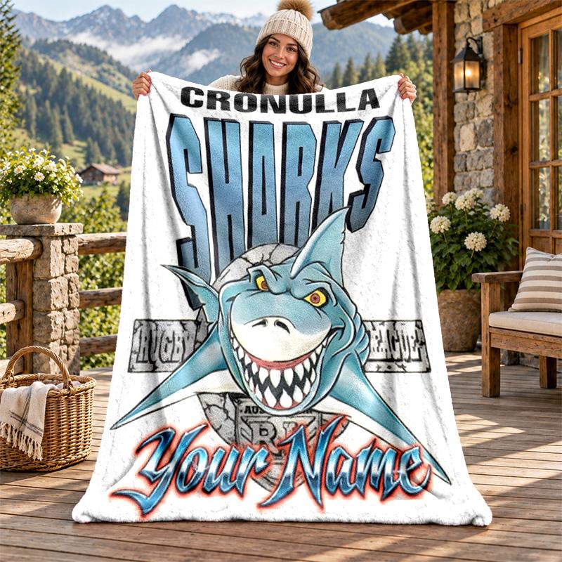 Cronulla Sharks Custom Name Flannel Blanket Personalized Soft Warm Plush Throw Blanket Customized Gift for Family Friends