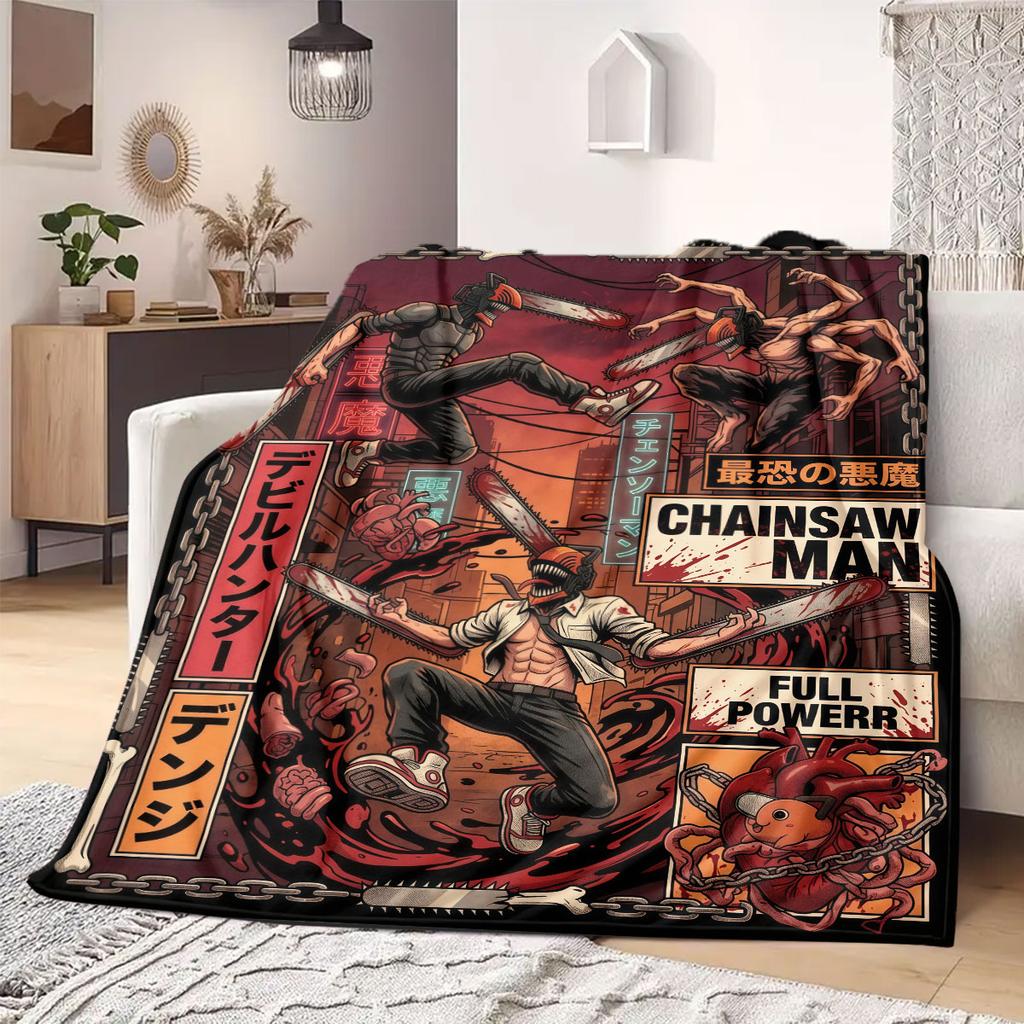 Chainsaw Man Pure 2D Cartoon Flannel Blanket, Print Graphics for Sofa, Soft Bedding for Travel Picnic Rug_LIAN