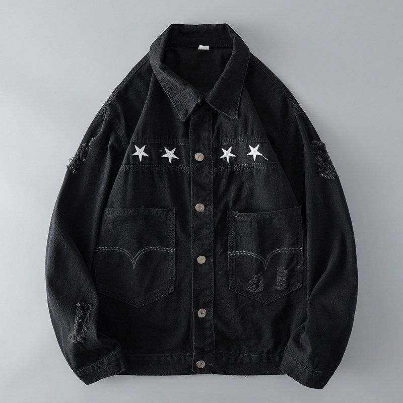 Ripped Black Embroider Workwear Denim Jacket Men's Spring and Autumn Trendy Retro Export Export Tail Single Men's Clothing Jacket