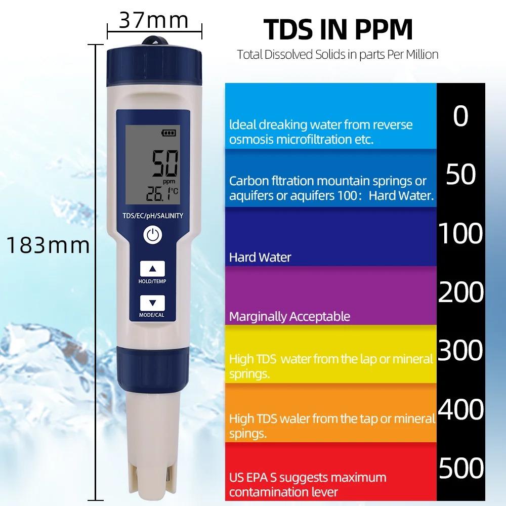 5 IN 1 PH Temperature TDS EC Salinity Meter Digital Waterproof With Automatic Calibration Function Water Quality PH Tester