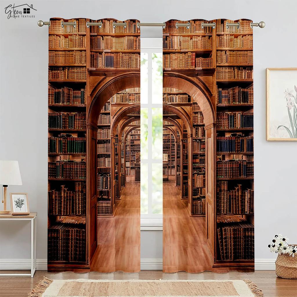 Retro Bokhylla 3D-tryckta Gardiner Sovrum Vardagsrum Kök Studierum Gardinkappa Maskintvättbar 2-delars set