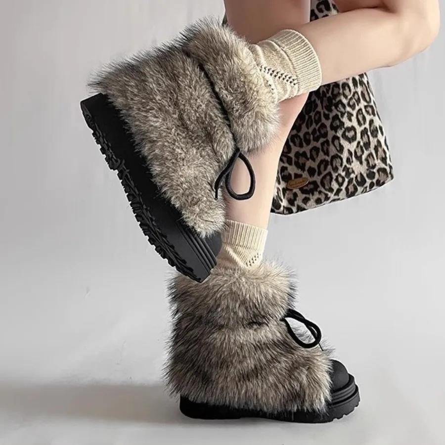 Stylish Faux Fur Women's Winter Snow Boots, Anti-Slip Thick Bottom Snow Boots with Plus Velvet and Big Head Cotton Boots