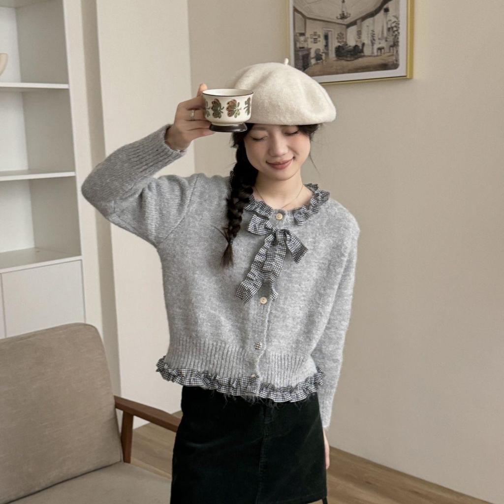 Koreański Szyk Kardiagn z Dzianiny z Falbankami i Kokardą - Damski Jesienny Wzór