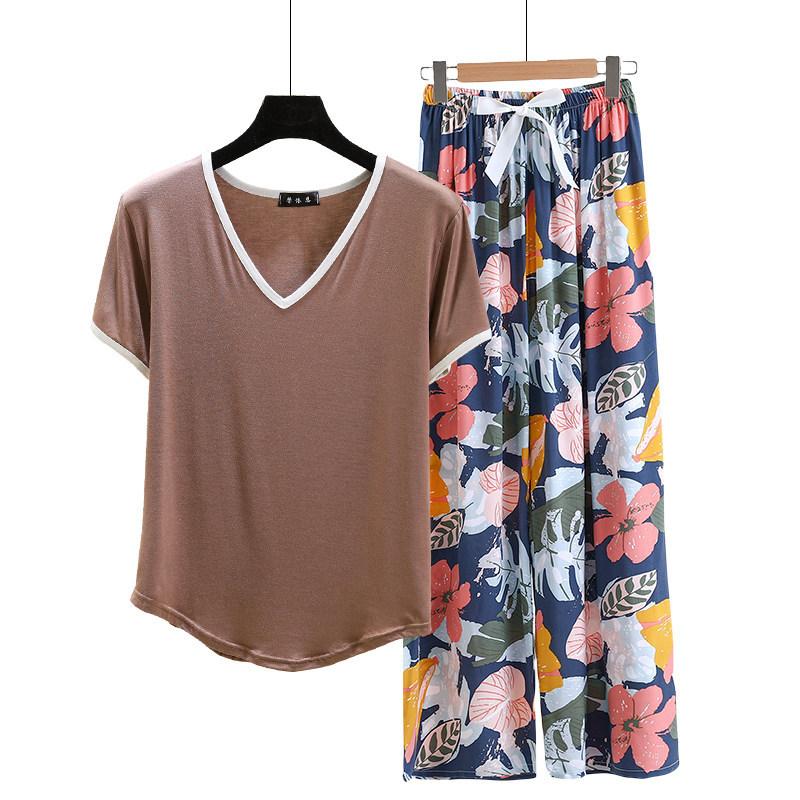 Modal Loungewear V-Neck color-block Tshirt and Floral Wide leg pants Summer Thin Pajamas sets Casual Plus size Homewear 2pcs suit Comfort clothing