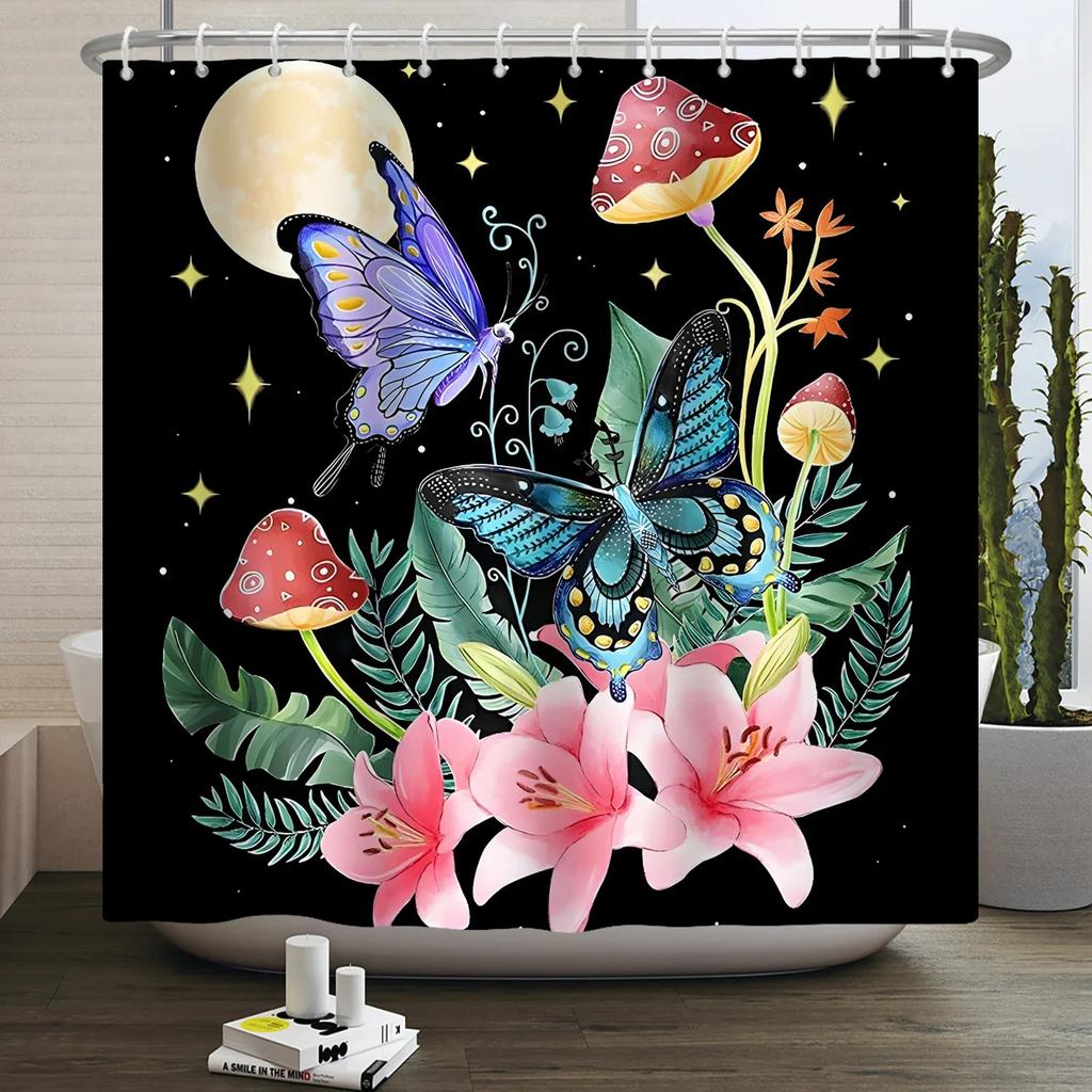 Moth Shower Curtain Moon Phase Butterfly Mushroom Psychedelic Tarot Gothic Shower Curtain for Bathroom Waterproof Bath Curtain