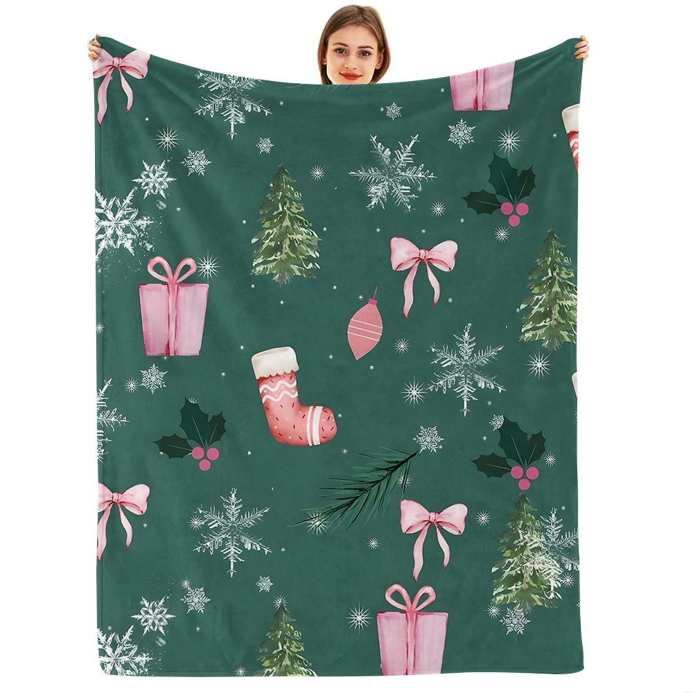 Pink Xmas Bow Tree Anime Cartoon Flannel Blanket Soft Warm Throw for Bedroom Sofa Car Kids Holiday Gift